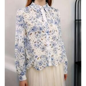 NWT Caroline Constas white blue floral eyelet long-sleeved Button up Shirt SMALL